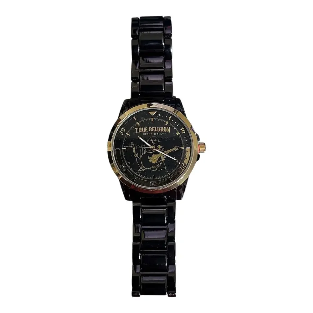 True Religion Men’s Gunmetal Gold Bracelet Buddha Guitar Logo Watch TRM102